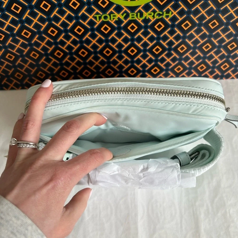 Tory Burch Virginia Nylon Belt Bag Crossbody Bag Ice Blue Silver Baby Blue Light